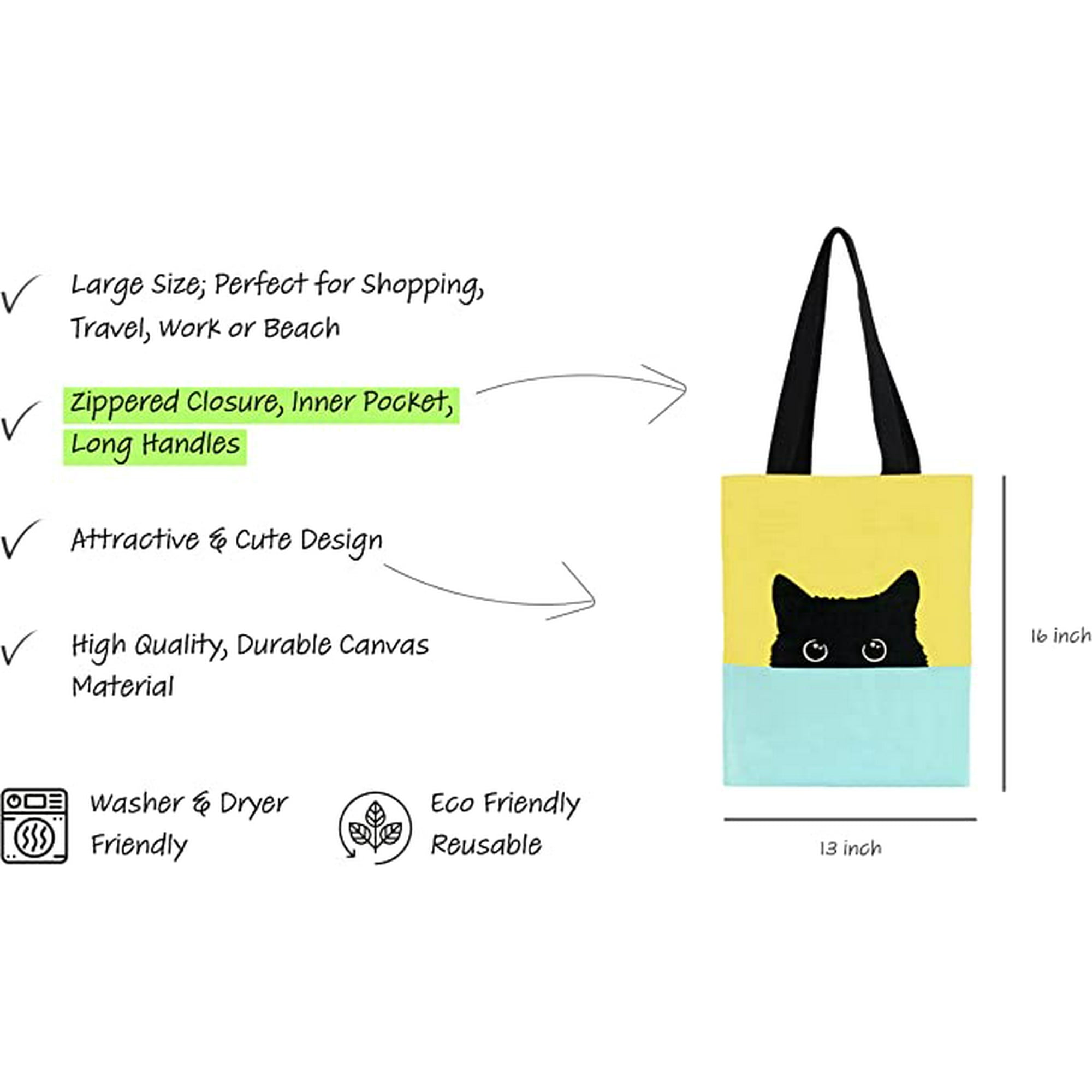 Hongchun Cute Canvas Tote Bag with Zipper Utility Tote Bag Aesthetic Shopping Bags for Groceries Reusable Tote Bag for Beach Pool Gym Travel Book Teacher Lemon Yellow Cat Walmart
