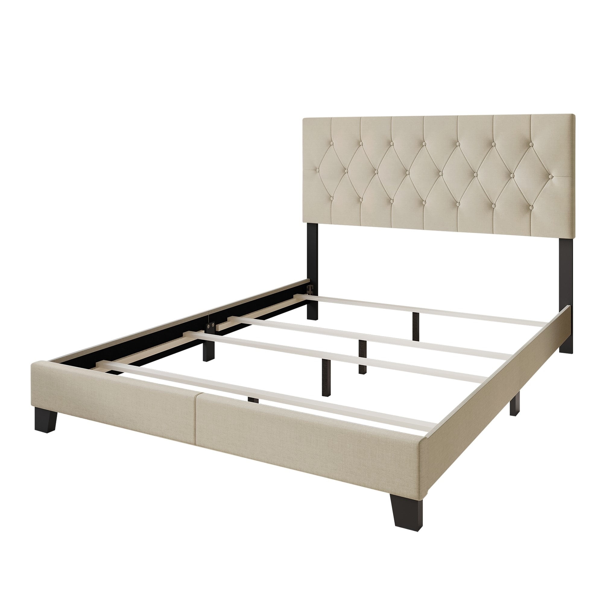 Home Design Dillon King Tufted Upholstered Panel Bed Frame with Button Tufting and Foam-Filled Headboard, Beige, Easy Assembly