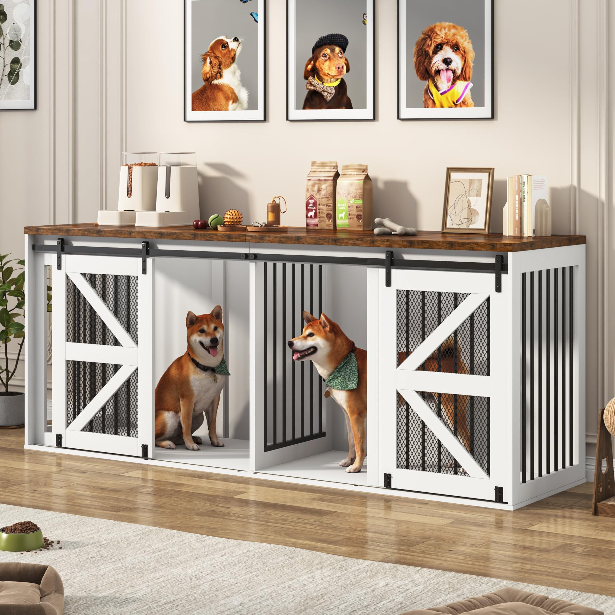 Blotout 87" Large Farmhouse Dog Crate TV Stand, Wooden Dog Crate Furniture with with Divider Panel/Sliding Metal Mesh Barn Door, XL-XXL Heavty Duty Dog Crates Furniture for 2 Medium or Large Dogs