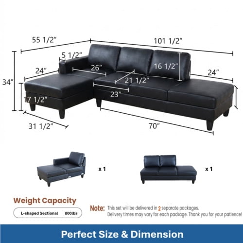 101.5" Faux Leather 2-Piece L-Shaped Sectional Sofa with Left Chaise & Ottoman, 4-Seater Modular Couch with High-Density Foam Cushions for Living Room Apartment, Black