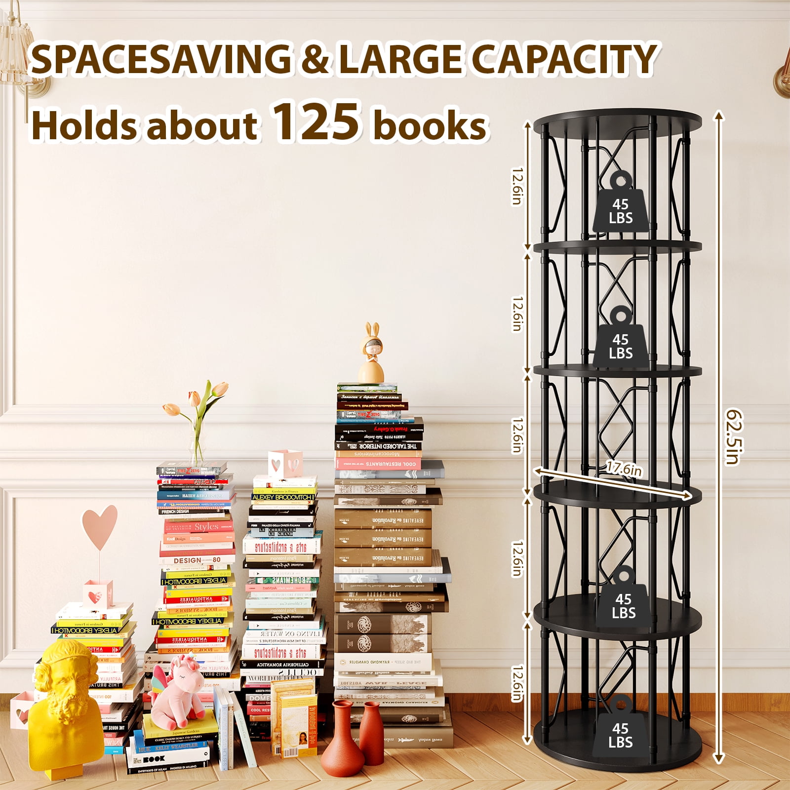 LLappuil 5 Tier Rotating Bookshelf, 360° Display Swivel Bookcase, Corner Bookshelf for for Bedroom, Living Room Black