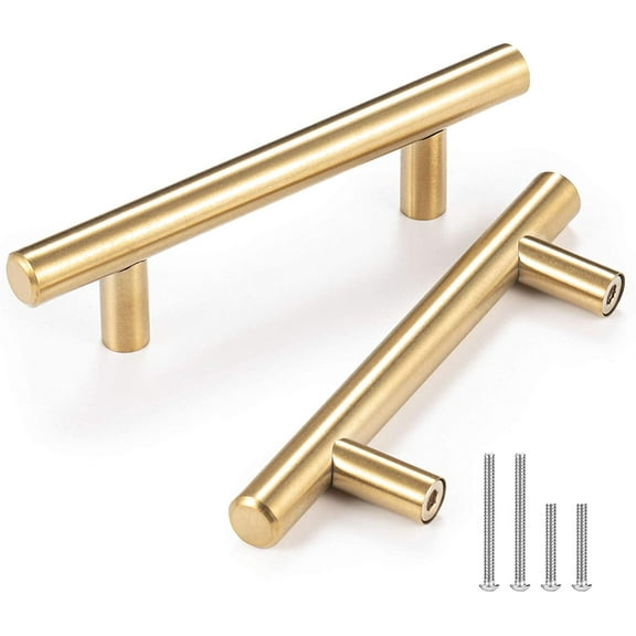 5 Pack 5 Inch Cabinet Pulls Stainless Steel Drawer Handles, 3" Hole Center Drawer Pulls for Kitchen Dresser Cupboard with 2 Sizes Screws Brushed Brass