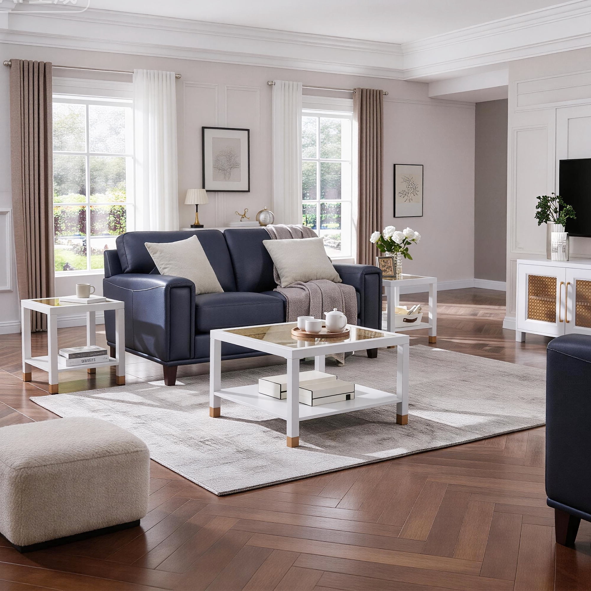 Leumius Modern Square Coffee Table, 27.6" Crisp Metal Frame, Luxe Gold Glass Top for Living Room Office White