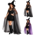 thumbnail image 6 of Helii Witch Hat and Cape Set for Women Lightweight Tulle Hooded Cloak with Lace Trim Hat Bow Star Pendant Halloween Cosplay Costume Party Photo Prop Purple Black One Size, 6 of 7