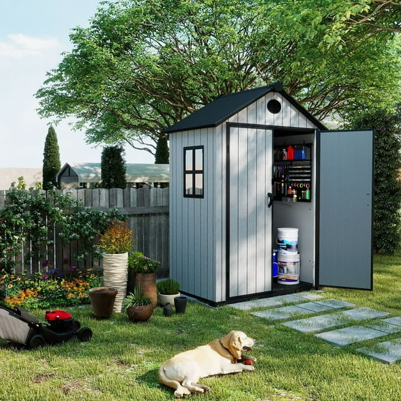 ZYJOYY 6'x4' Plastic Outdoor Storage Shed with Floor & Window, Resin Garden Tool Shed for Backyard
