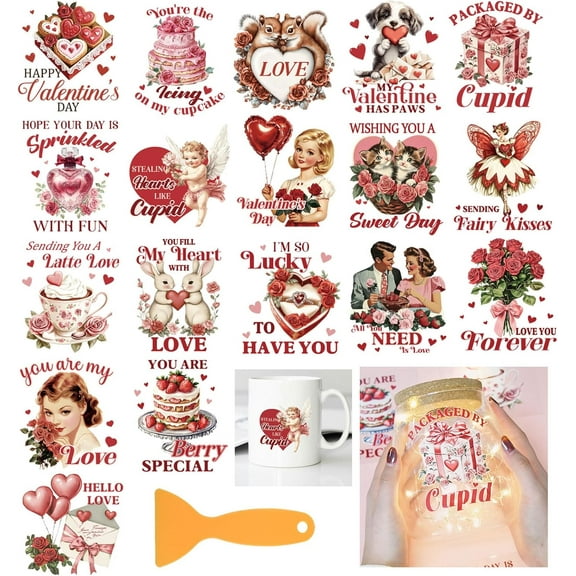 18 Sheets Vintage Valentine's Day Transfer Stickers 3.9x3.6inch Colorful Cake Gift Rose Balloon Home Decals Happy Valentine's Day Cup Transfer Decals