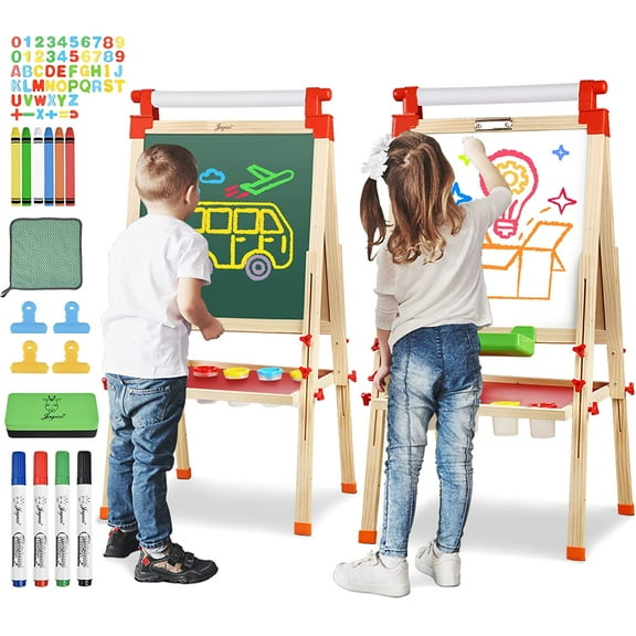 Kids Wooden Easel with Paper Roll - Adjustable Magnetic Double Sided Drawing Board Whiteboard & Chalkboard Dry Easel Board,Children Art Easel for 3~12 Years Kids Boys Girls Painting Drawing
