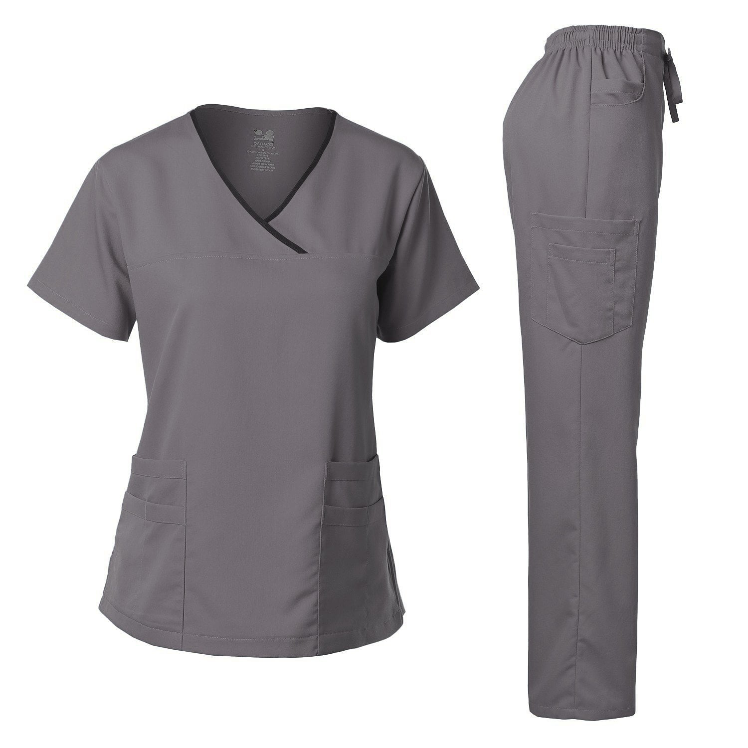 Dagacci Medical Uniform Women's Scrub Set Stretch Contrast Binding Top and Pants (Gray, Medium)