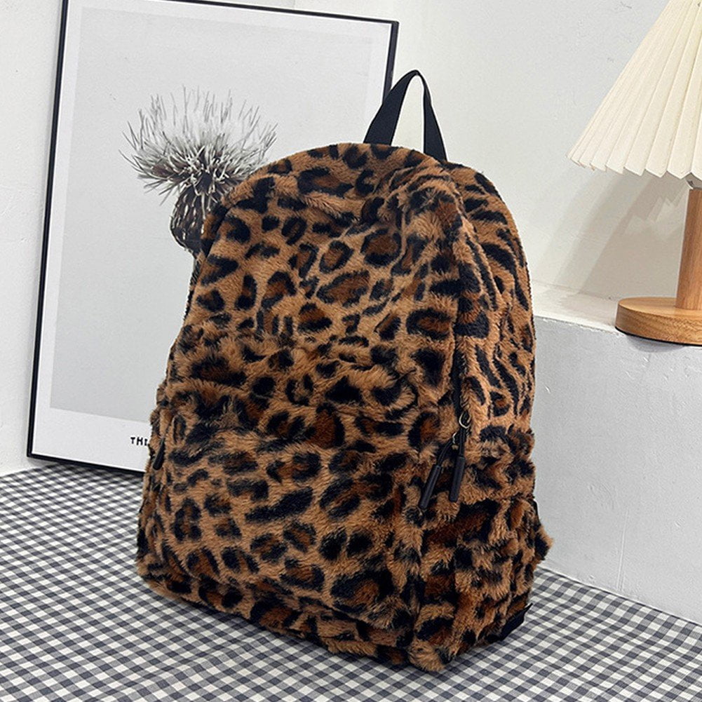 Jiibva Plush Animal Leopard Print Backpack for Women Stylish Bag Personalized Travel Shoulder Bag Bookbag Trendy Daypack Purse