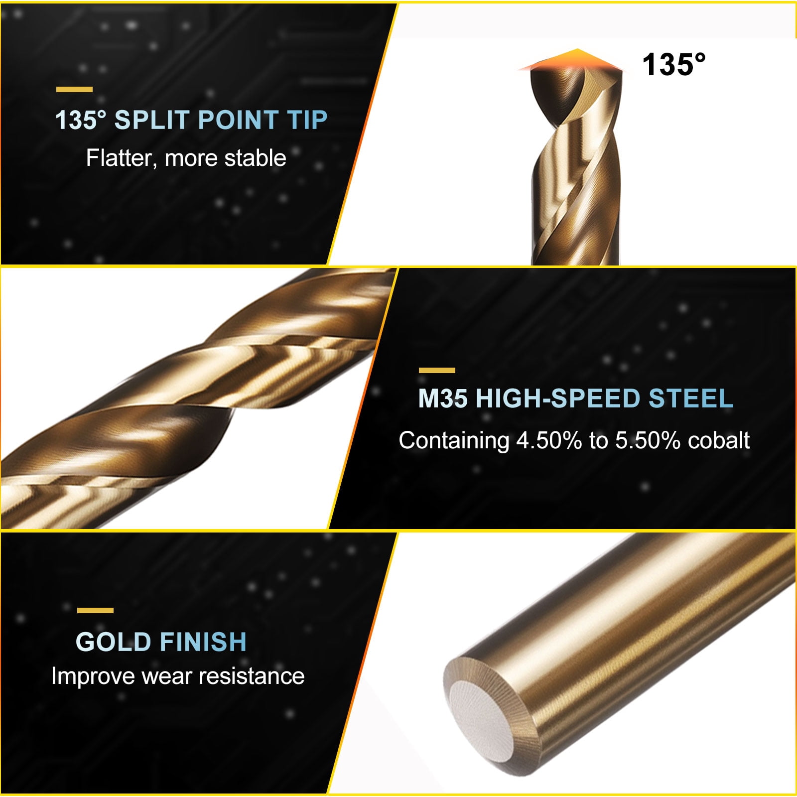 Uxcell 8.5mm Drill Bit, Jobber Straight Shank M35 Cobalt 5% High-Speed Steel 135° Gold Finish for Stainless Steel Hard Metal - 4 Pack