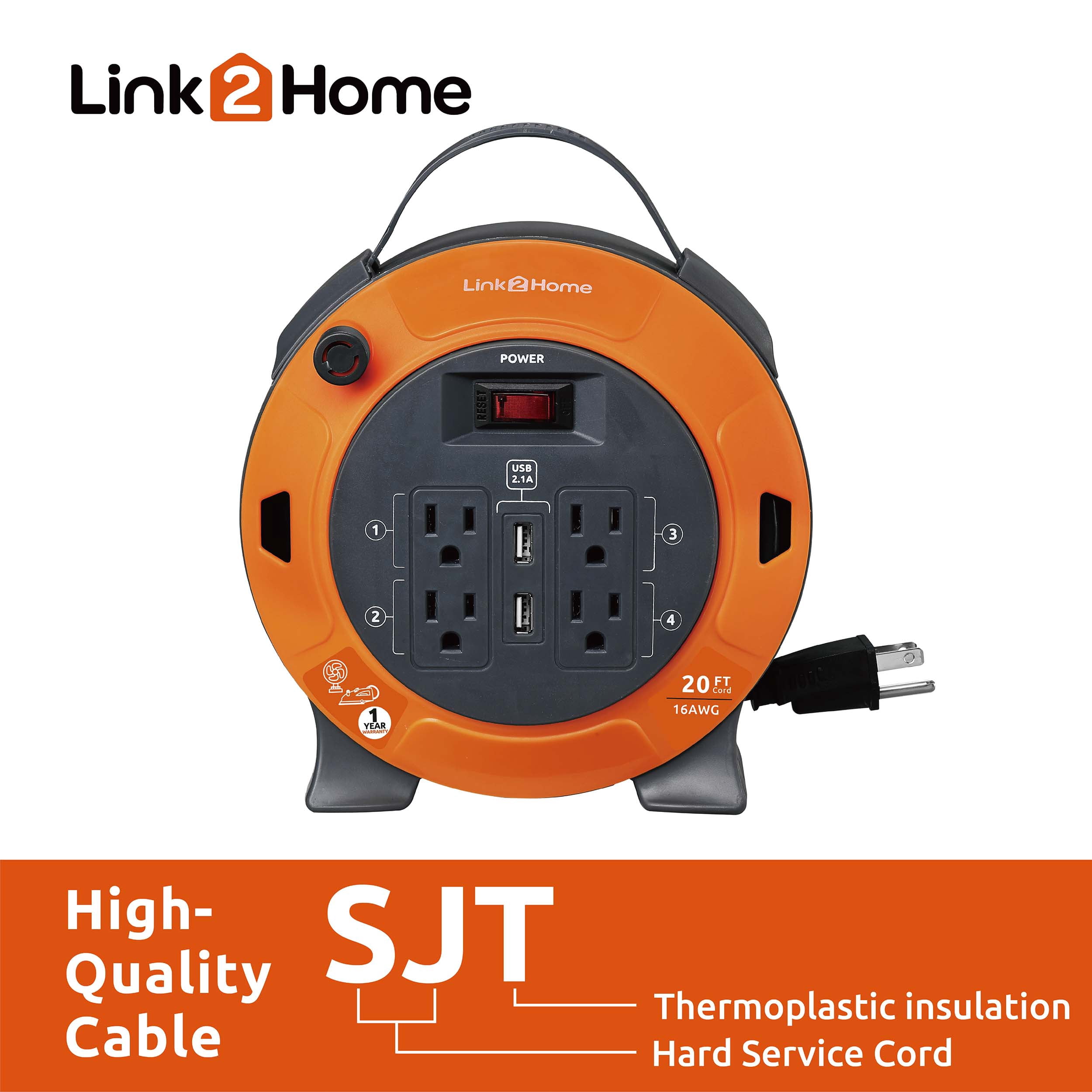 Link2Home Cord Reel 20 ft. Extension Cord 4 Power Outlets, 2 USB Ports