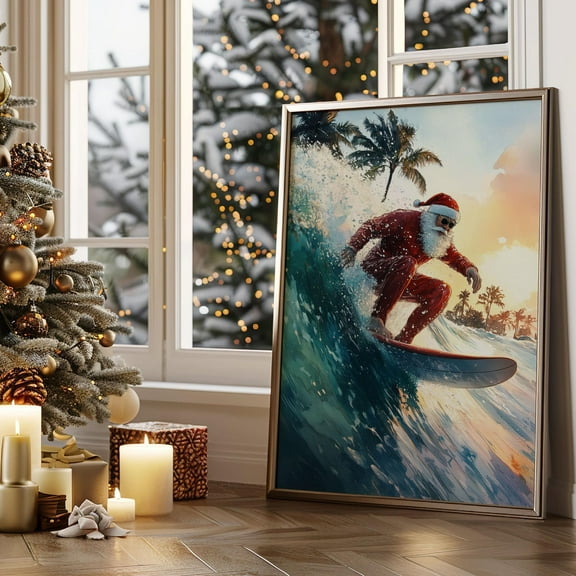 Santa Claus Surfer Print Art, Tropical Christmas Print, Beach Holiday Decor, Christmas Vacation Art, Santa Surfing Art, 12x18 UNFRAMED