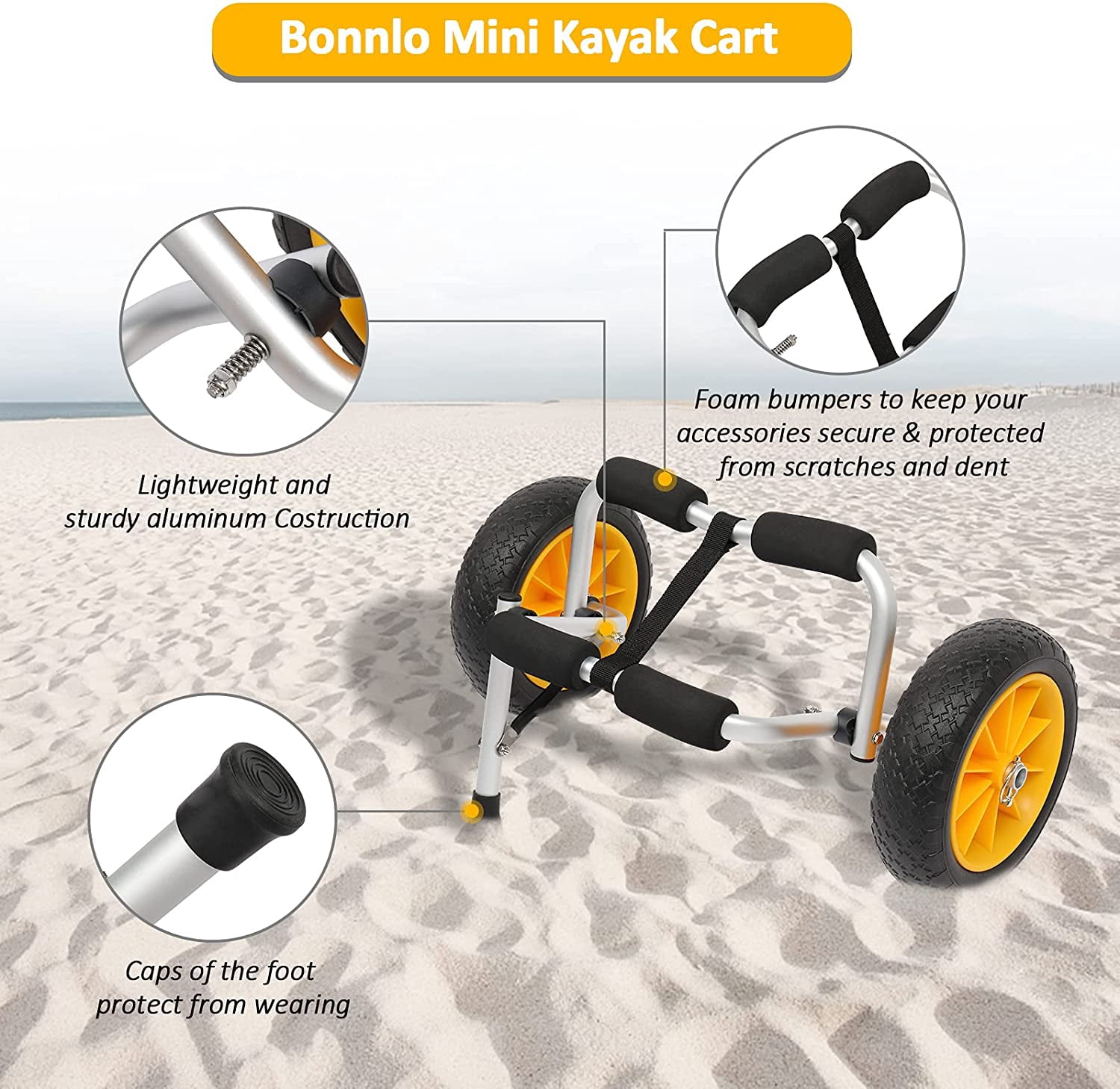 Kayak Car Foldable Aluminum Kayak Trailer with 10'' Solid Tires, Universal Kayaks Wheel Cart Dolly for Canoe, Paddle Board, Boat, Float Mats, Jon Boat