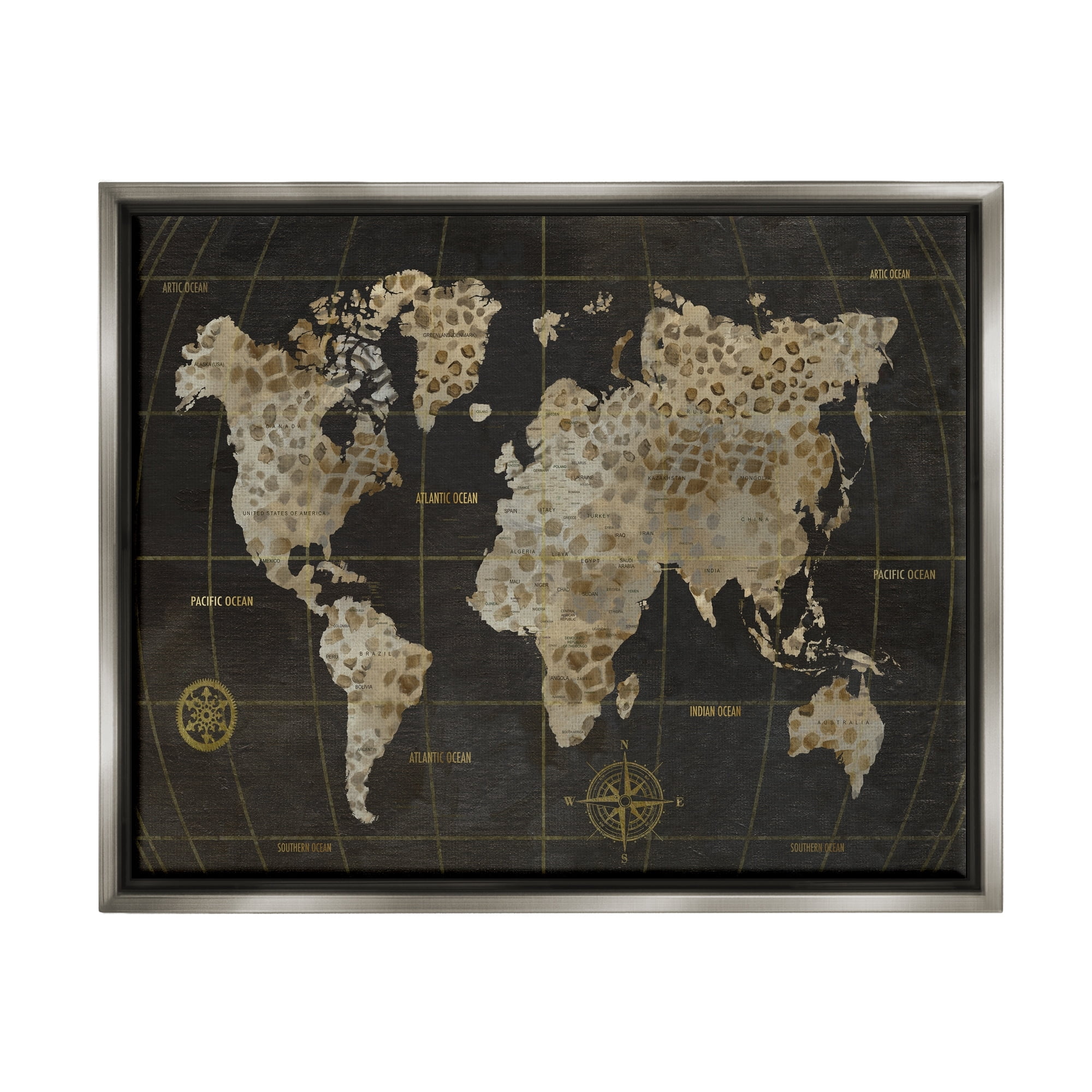 Stupell Industries Rustic Giraffe Animal Pattern Atlas Map Compass Graphic Art Luster Gray Floating Framed Canvas Print Wall Art, Design by Nan