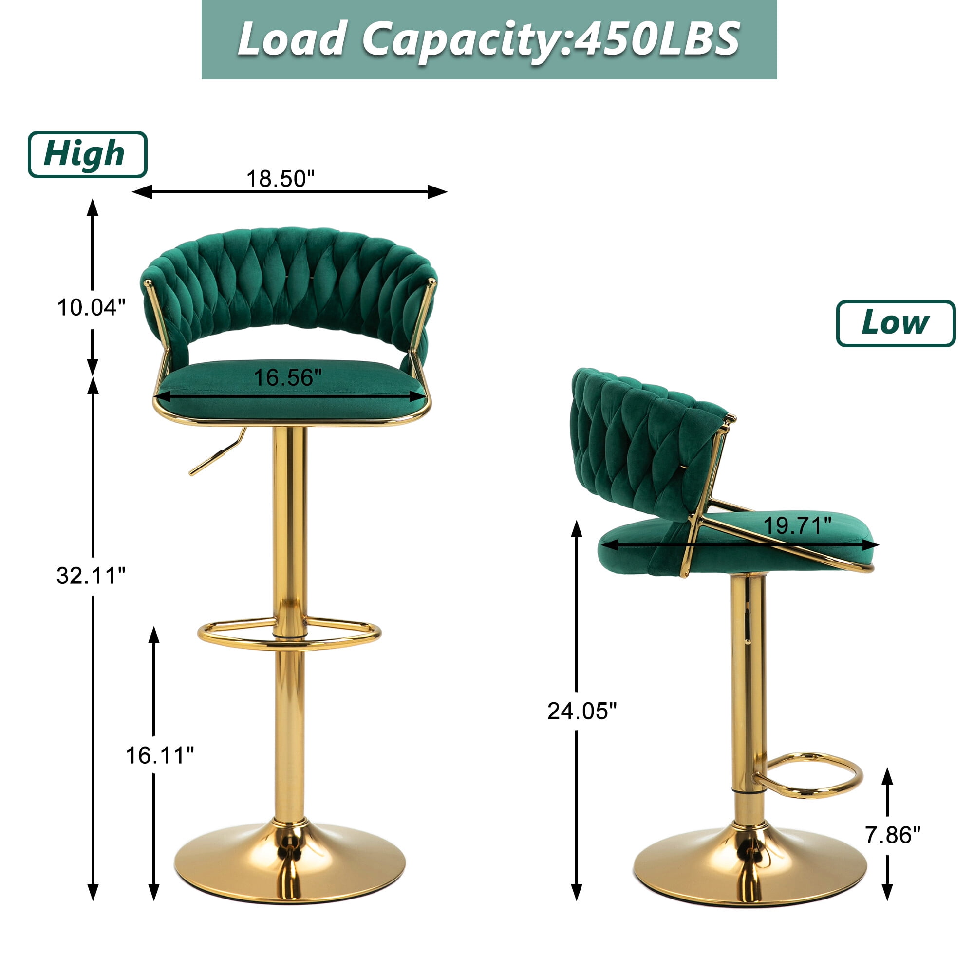 UIXE Adjustable Bar Stools Set of 4 Modern High Back Swivel Barstool for Kitchen Counter Square Island, Velvet Green