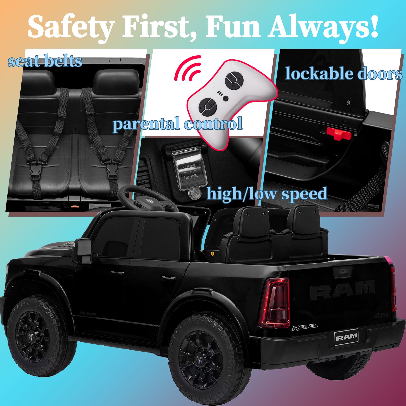 Kerry Yoo SQ7 Ride on Toys Car, 24V Truck RAM 2500 Rebel Electric Vehicle for Kids, Pickup Truck, 2 Seater, Bed Storage, Remote Control, Safety Belt, Music- Black