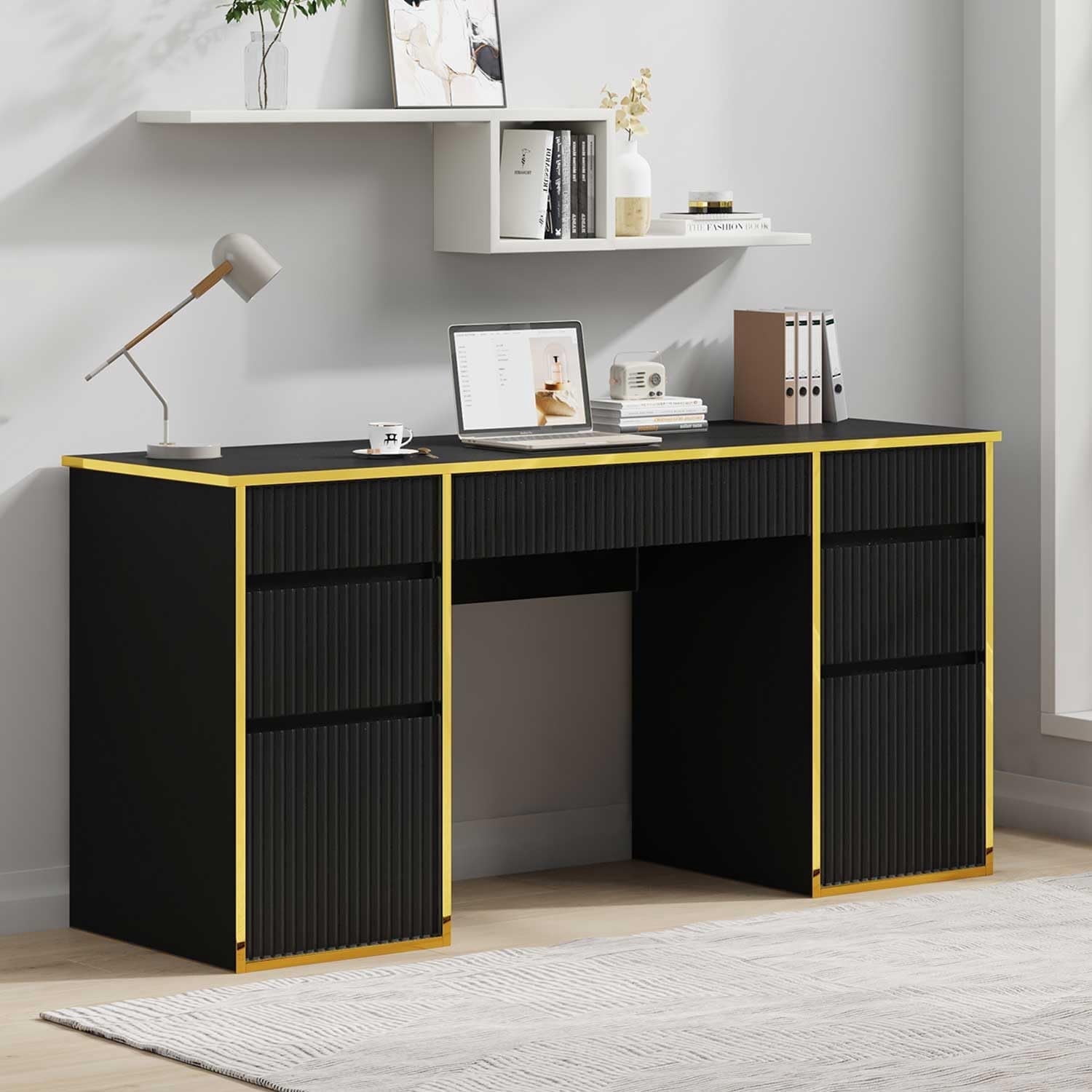 DreamCurship 58 inch Executive Desk with Drawers, Computer Desk with 7 Drawers, Home Office Desk for Work Study Writing, Black and Gold