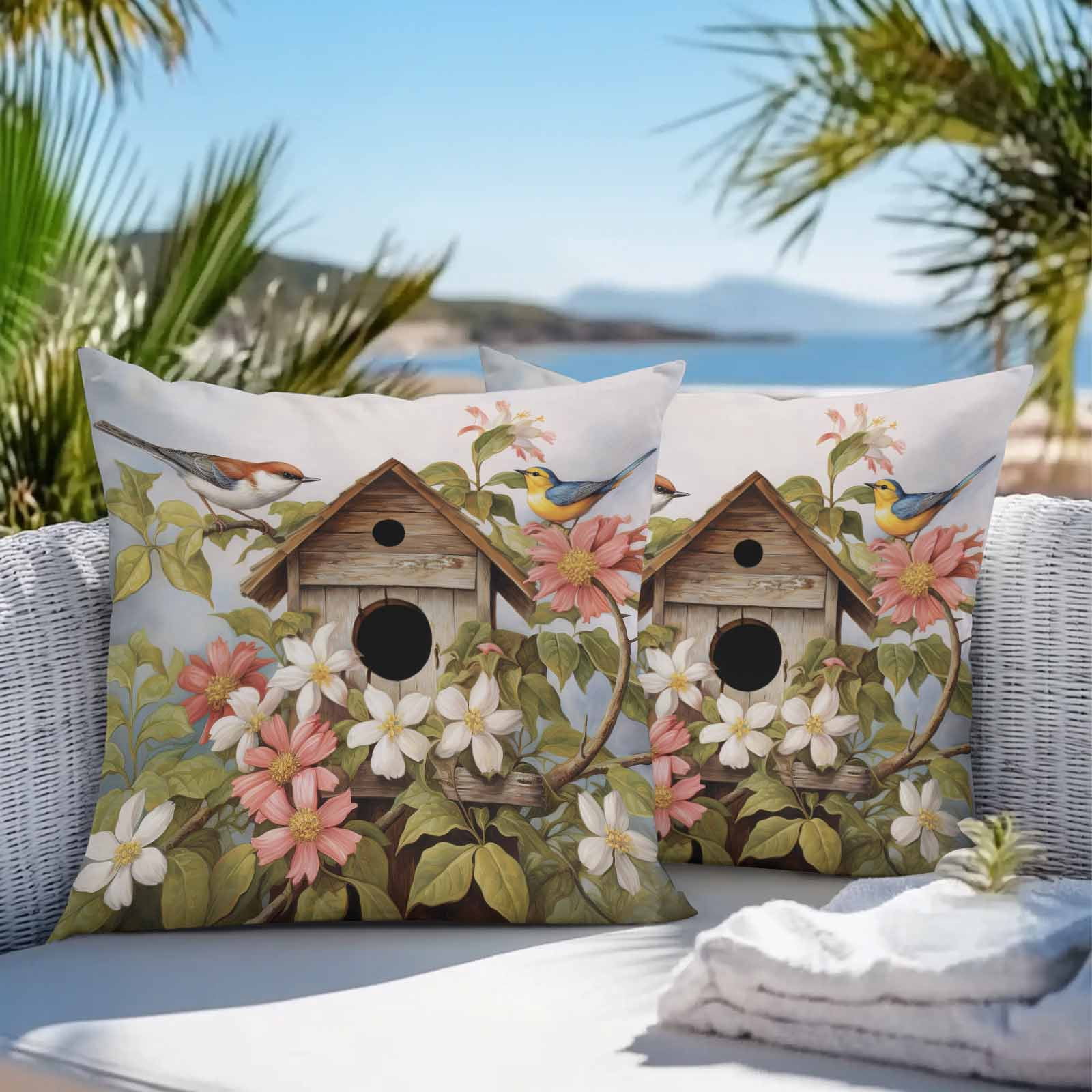 Boanket Outdoor Pillow Covers 24 x 24 Inches, Birdhouse, Waterproof Throw Pillow Cover Set of 2, Farmhouse Leaves Country Vintage Animal Decorative Square Cushion Covers for Patio/Tent/Couch/Garden