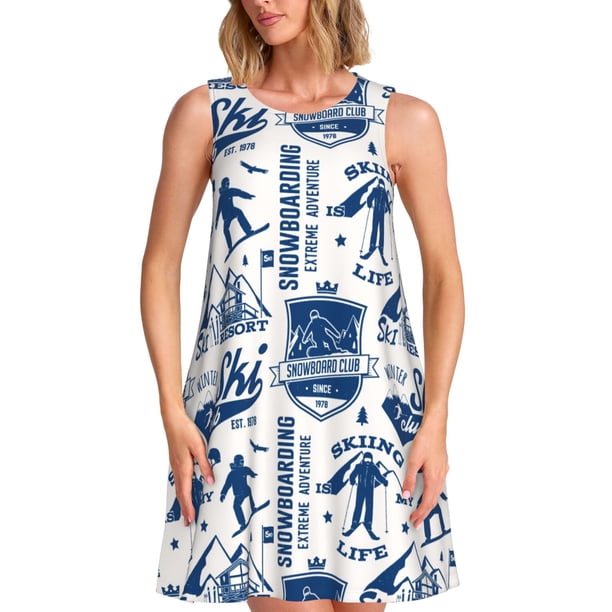 Easygdp Skiing Enthusiast para Vestido Transpirable de Mujer, Vestido Suelto de Manga Corta con Pliegues y Bolsillos para el Verano