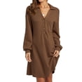 thumbnail image 2 of Vestido suelto con botones sólidos y cuello en V de manga larga a la moda Otoño Invierno para mujer Fridja  yut4508, 2 of 7
