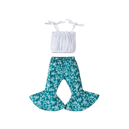 

TheFound Toddler Baby Girls Summer Outfits Sleeveless Tie Strap Crop Tops Floral Flared Pants 2Pcs Clothes