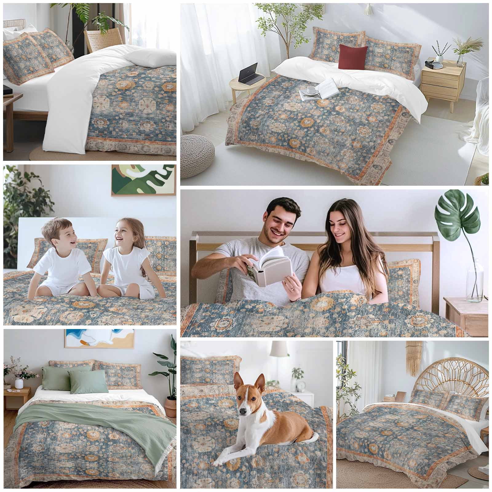 Blue Beige Vintage Bedding 3 Piece Duvet Cover Set California King, Modern Geometric Abstract Art Ethnic Soft Microfiber Comforter Cover with Zipper Closure & Pillowcases, FadeResistant Quilt Cover