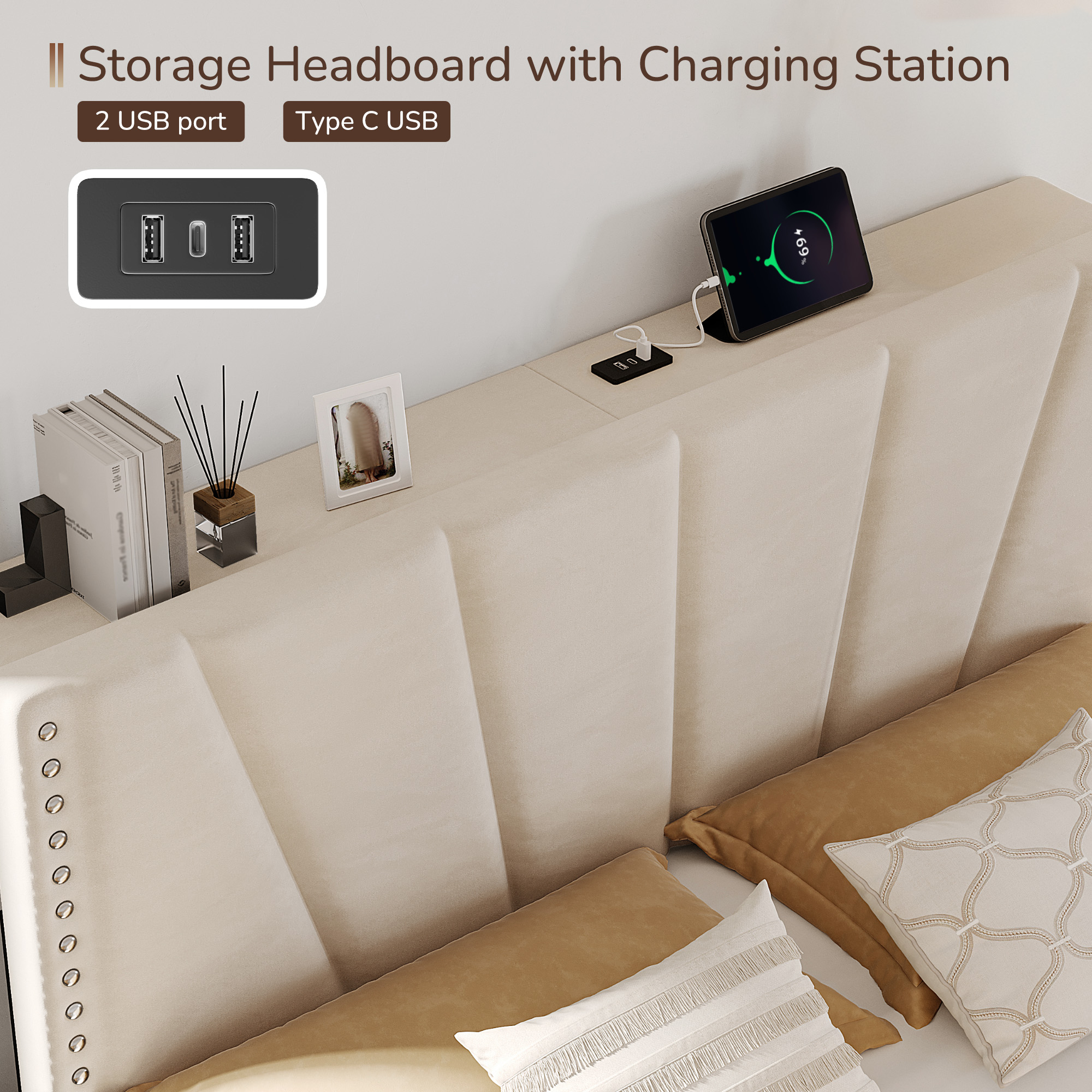 EnHomee Full Platform Bed with LED Lights & Headboard, Beige photo 4
