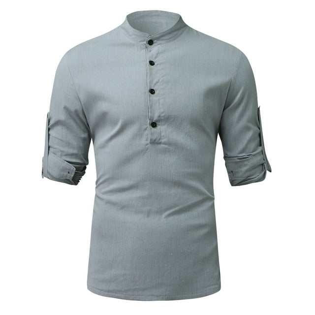 TIMIFIS Men's Linen Cotton Shirt Button Tops Long Sleeve T-Shirt Regular Fit Solid Color -GrayFall