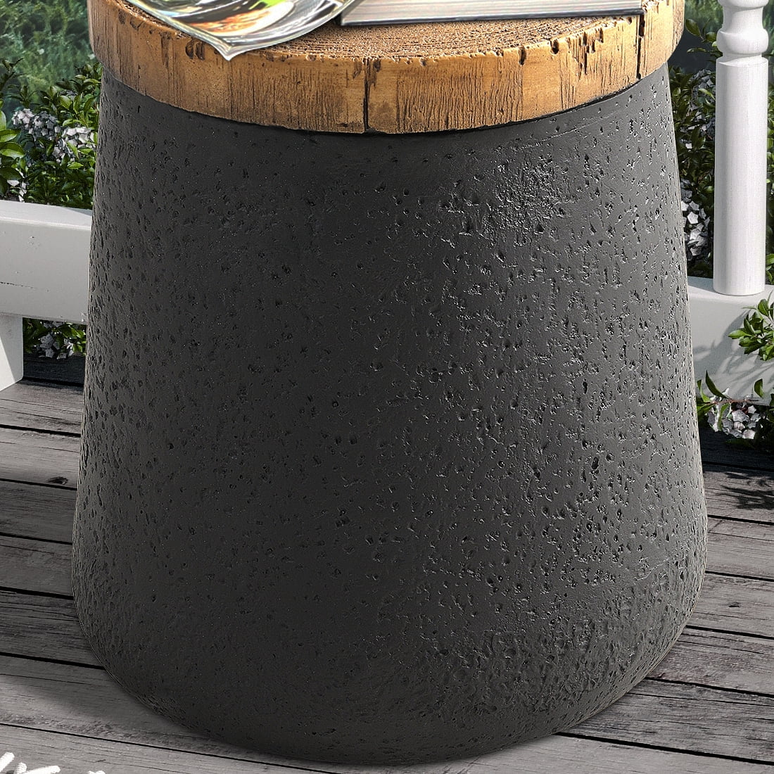 VENTOPYR 2 PCS Concrete Outdoor Side Table with Wood Grain Top,Small Jar Shaped Round Accent End Table for Patio, Garden,Black
