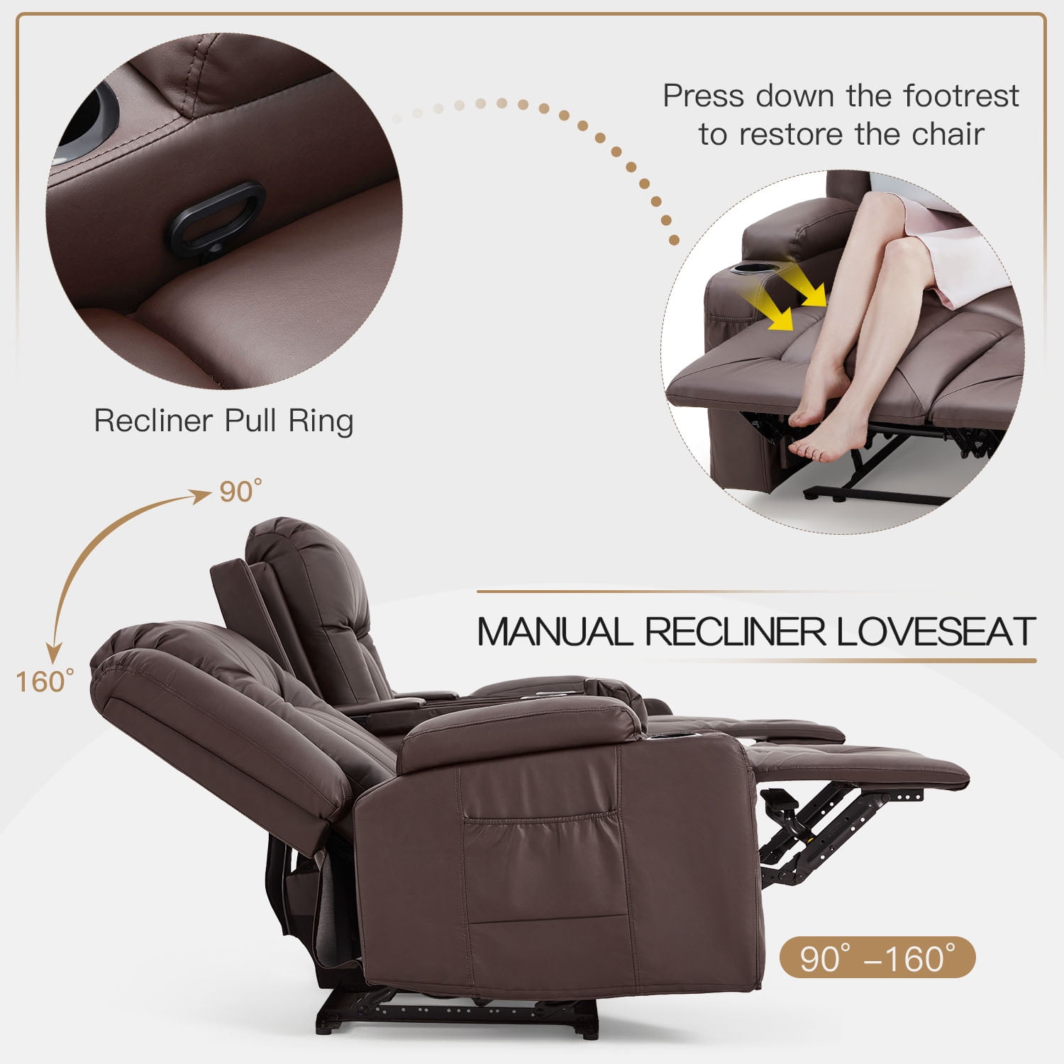 AECOJOY Reclining Sofa with Console&Bluetooth Speakers, Manual RV Recliner Couch with USB Ports&4 Cup Holders, 2 Side Pockets Recliners on Clearance Home Theater Seating, Fuax Leather, Brown