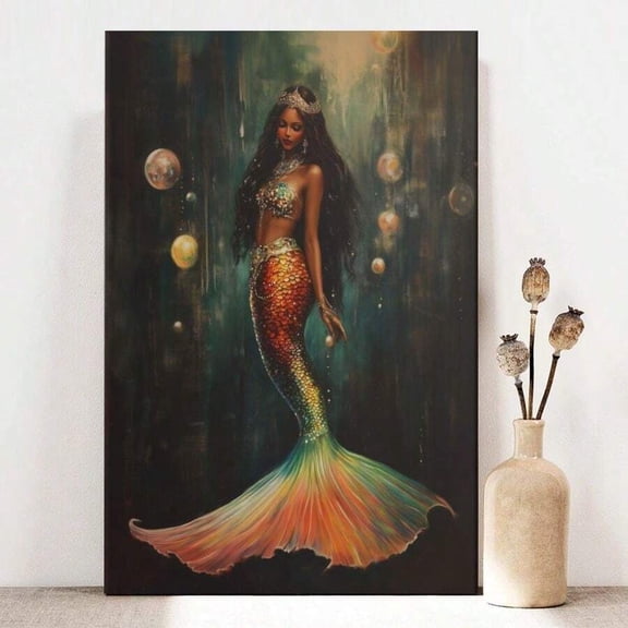 1pc Framed Canvas Wall Art, African American Woman Mermaid Art Print Canvas Poster Painting Winter Home Wall Decor, Ideal Gift For Bedroom Living Room Hallway Dorm