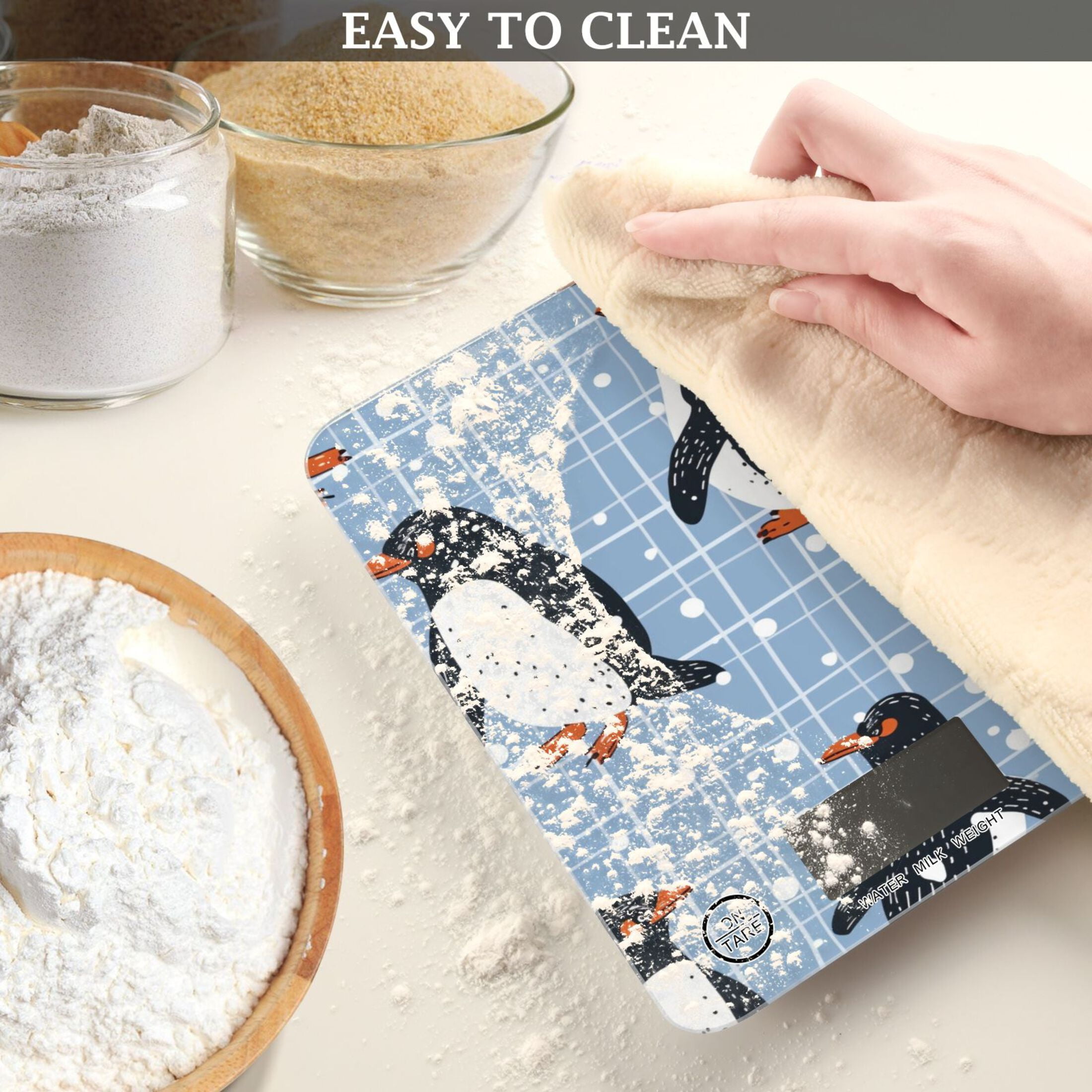 Penguins Grids Food Scale Digital Kitchen Scale Waterproof Tempered Glass Tare Function 11 lb for Baking Cooking Meal Prep