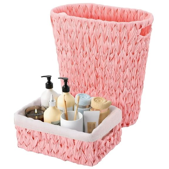 Pink Trash Can with Wicker Storage Baskets,12 Liter/3.2Gallon Small Bathroom Trash Can Handwoven Waste Basket Narrow Small Garbage Can for Bedroom, Bathroom,Office