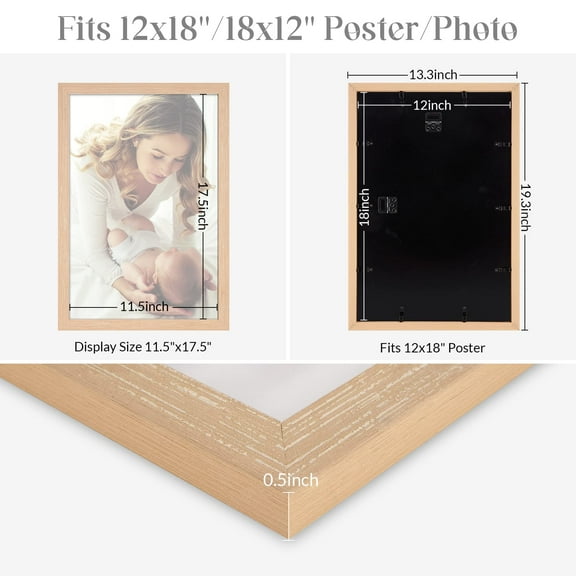 Large 12x18 Picture Frame Natural Woodgrain Beige, Rustic Wall Art for Posters Photos Portraits, Anniversary Wedding Birthday Gift Idea