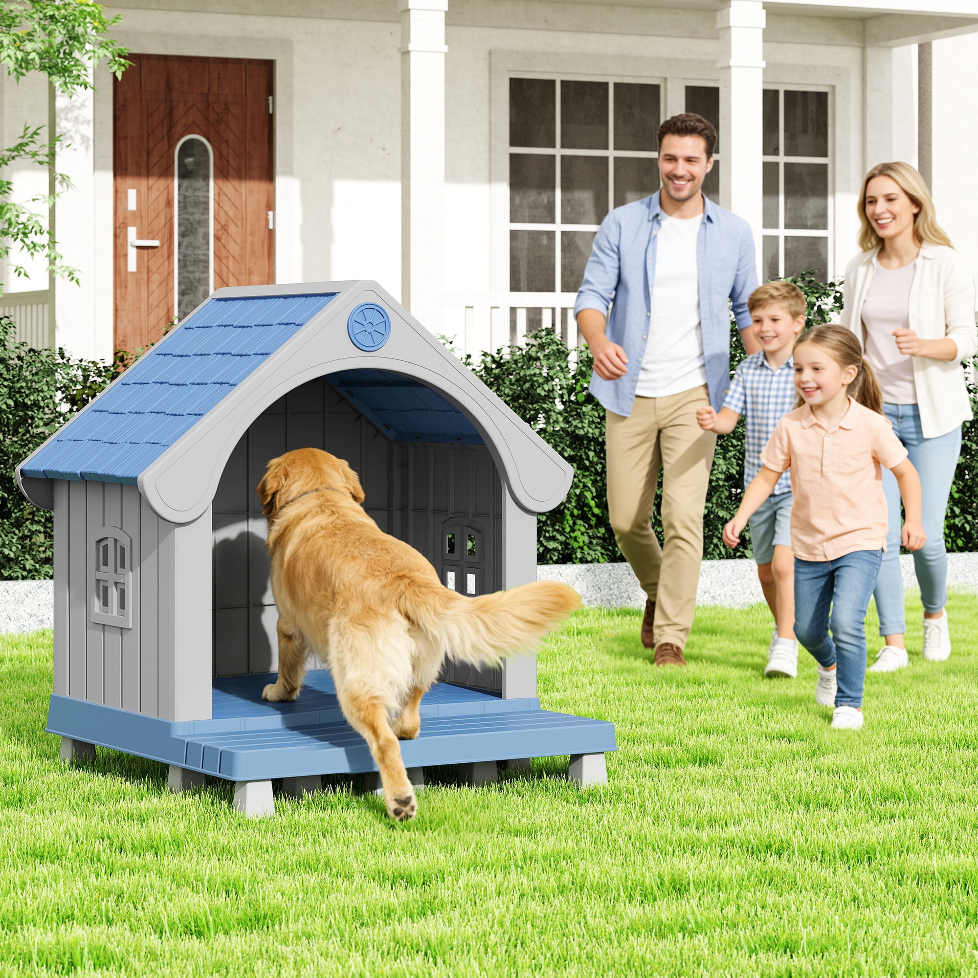 Nihsuao Durable Waterproof Dog House for Small to Medium Dogs, Indoor Outdoor Plastic Kennel with Porch, Sloping Roof & Elevated Floor, Easy Clean, Blue, 32.95"L x 31.5"W x 37.88"H