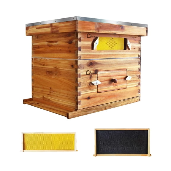 M optimized 10-Frame Complete Beehive Kit, Wax Coated Bee Hives, with 1 Deep Box and 1 Medium Bee Box with Acrylic Window, Beehives Frames and Wax Foundations for Beekeeping Supplement