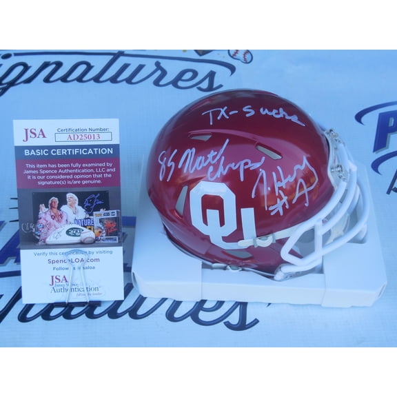 Jamelle Holieway signed autographed Oklahoma OU Sooners speed mini helmet w/ 85 National Champs Texas Sucks JSA COA