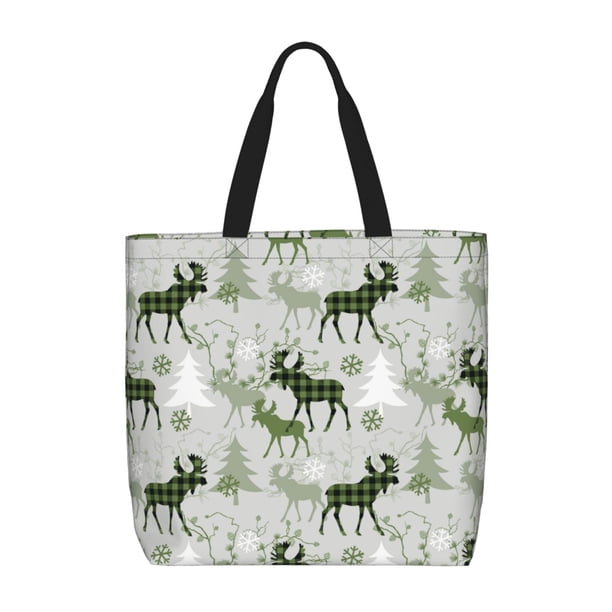 Easygdp green plaid Moose tree Bolsa Tote para Mujer, Bolso de Hombro para Trabajo, Playa, Viajes, Compras y Supermercado