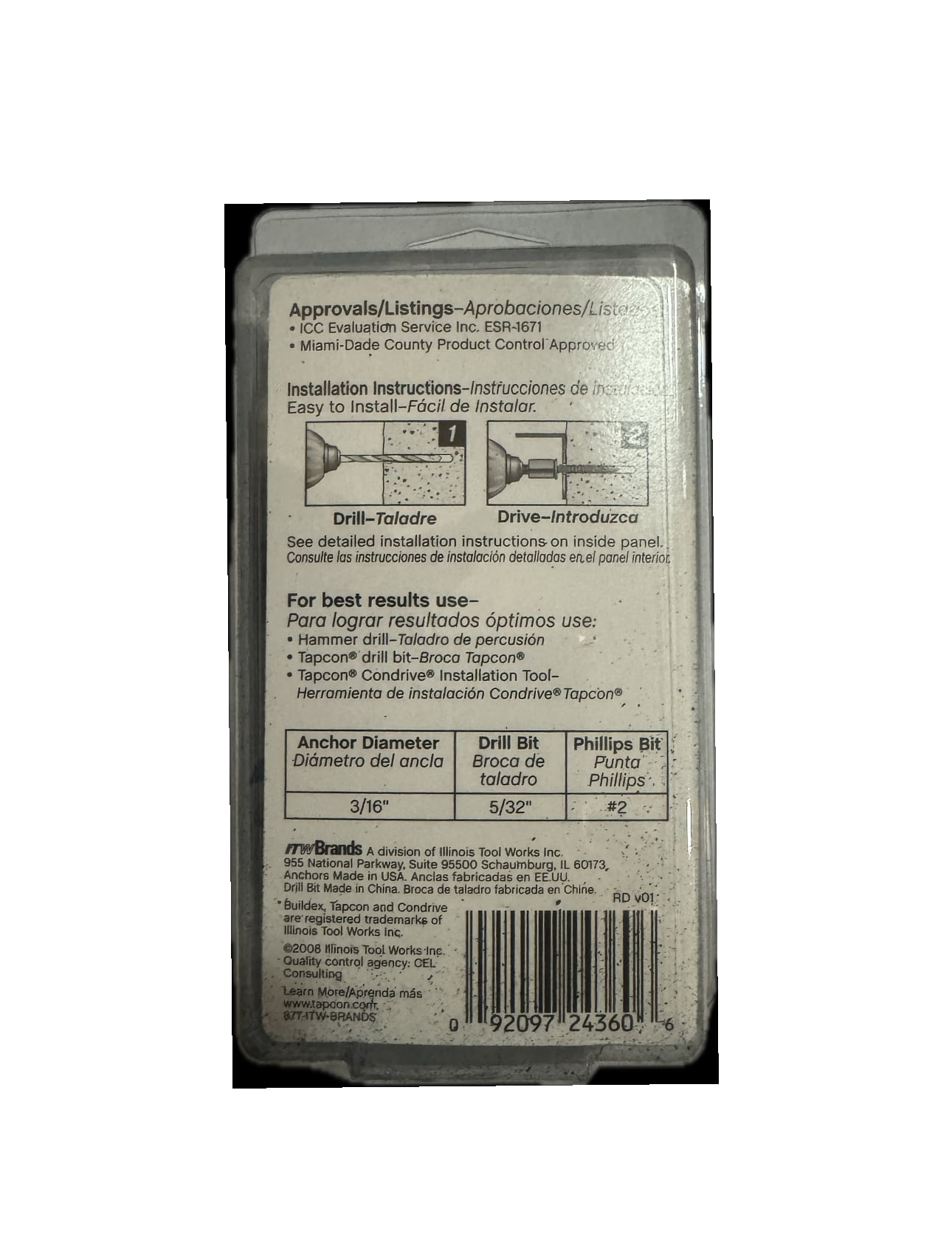 Six (6) ITW BRANDS Tapcon 3/16 x 2-1/4-Inch Concrete Anchors with Phillips Flat Head 24360, 75 each Package x 6 Packages Total 450 concrete anchors