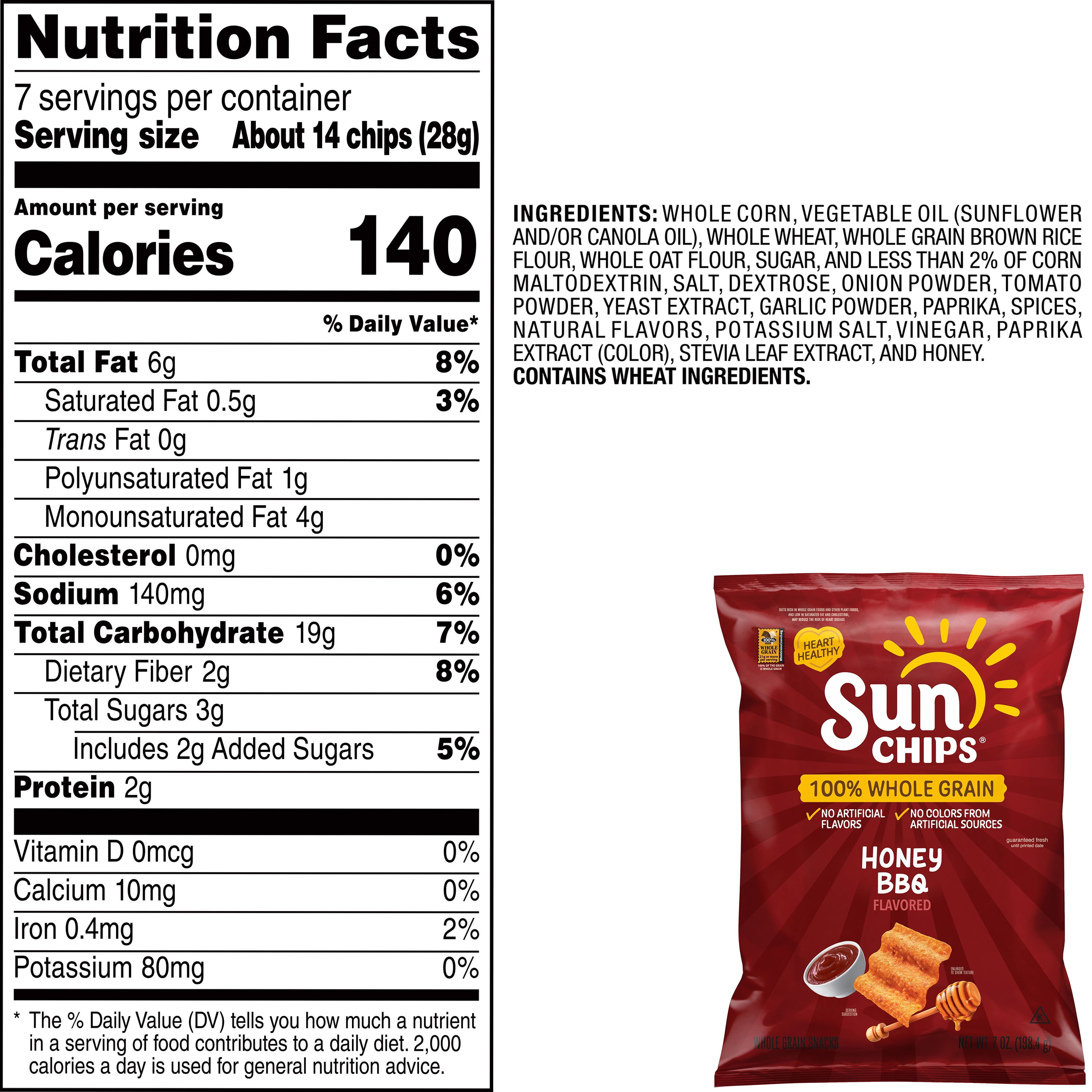 SunChips 100% Whole Grain Honey BBQ Snack Chips Bag, 7 oz​