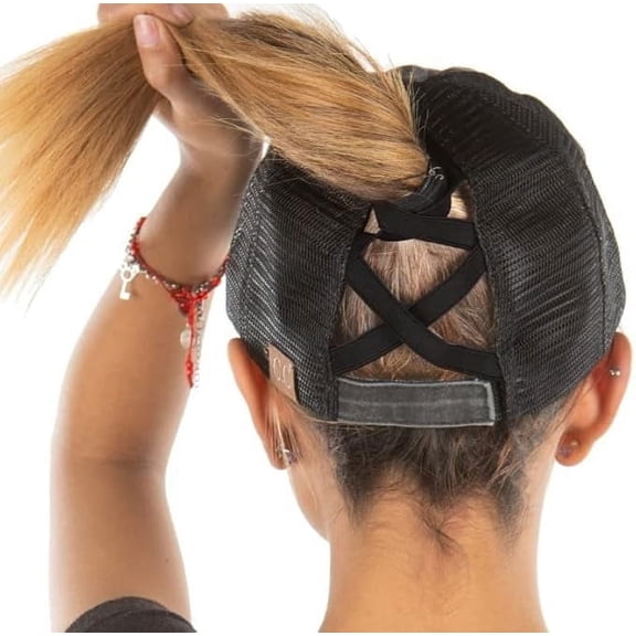 Funky Junque Ponytail Trucker Hat for Women – Criss Cross Adjustable Baseball Cap, Soft Cotton, Stylish & Comfortable - Distressed Black
