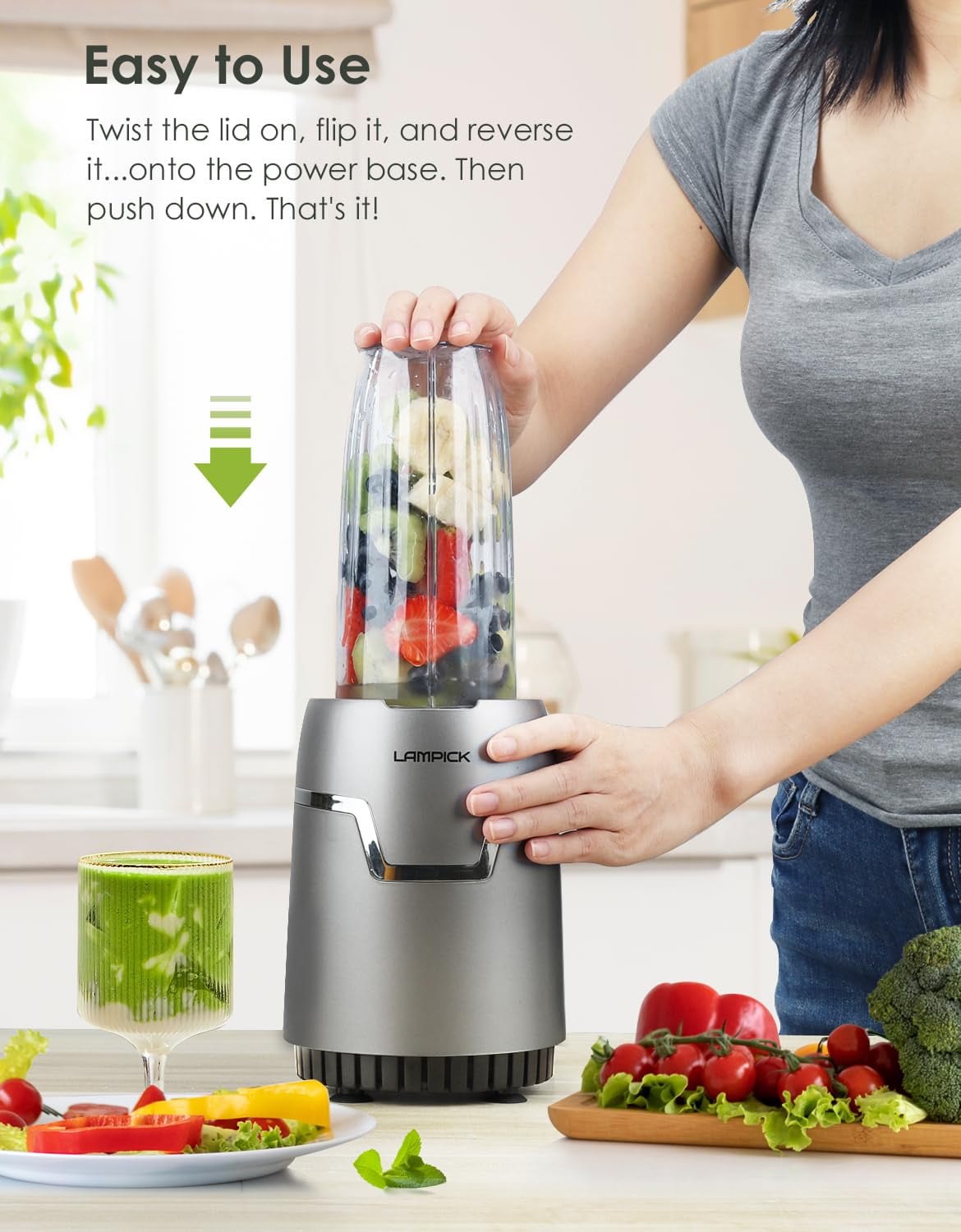 Personal Smoothie Blender, Blenders and Grinder Combo for Kitchen with 2 * 22 Oz To-Go Cup and Lid for Protein Shake, Baby Food, Frozen Drink
