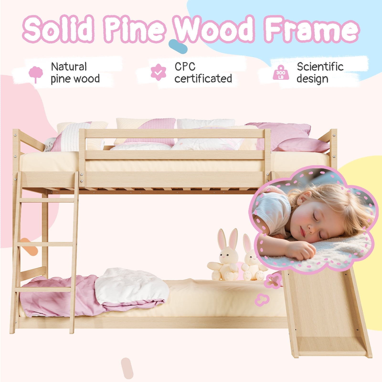 yunn⭐︎kids LIFE。 Ktaxon Bunk Bed Twin Over Twin,Kids Low Floor Bed Frame with Slide