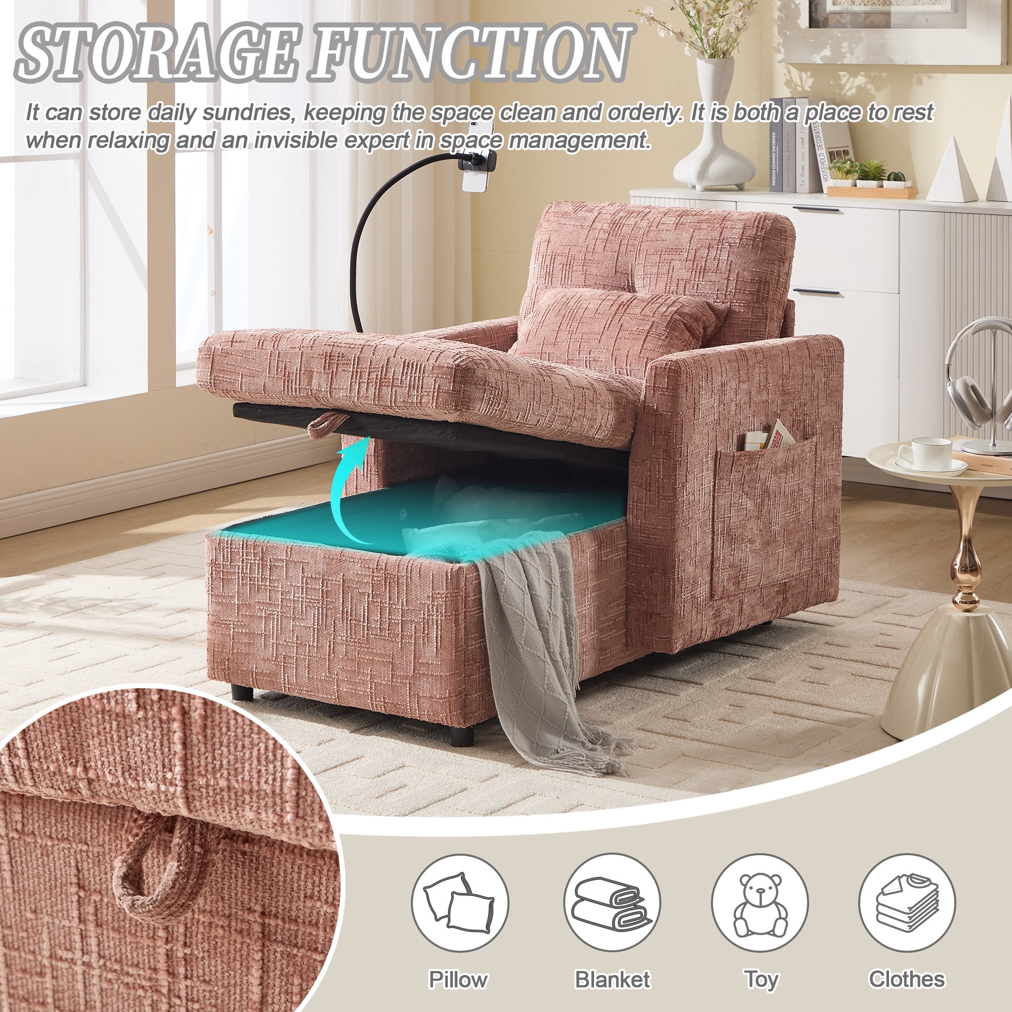 Aukfa Storage Chaise Lounge Single Sofa with Phone Holder and Pillow for Living Room Bedroom, Chenille, Pink
