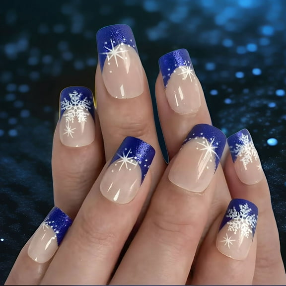 Yoyauz 24 PCS Christmas Fake Nails Shining Blue Snowflake Design Short Fake Nails, Christmas Holiday Blue Nails Used for DIY Nail Decoration in Winter