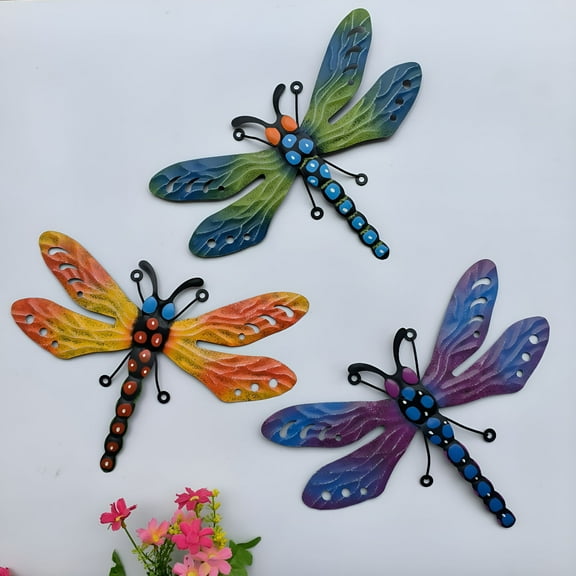 LAMIRO 3 Pack Metal Dragonfly Wall Decor,3D Colorful Dragonfly Wall Art Sculpture Insect Outdoor Indoor Decoration Hanging