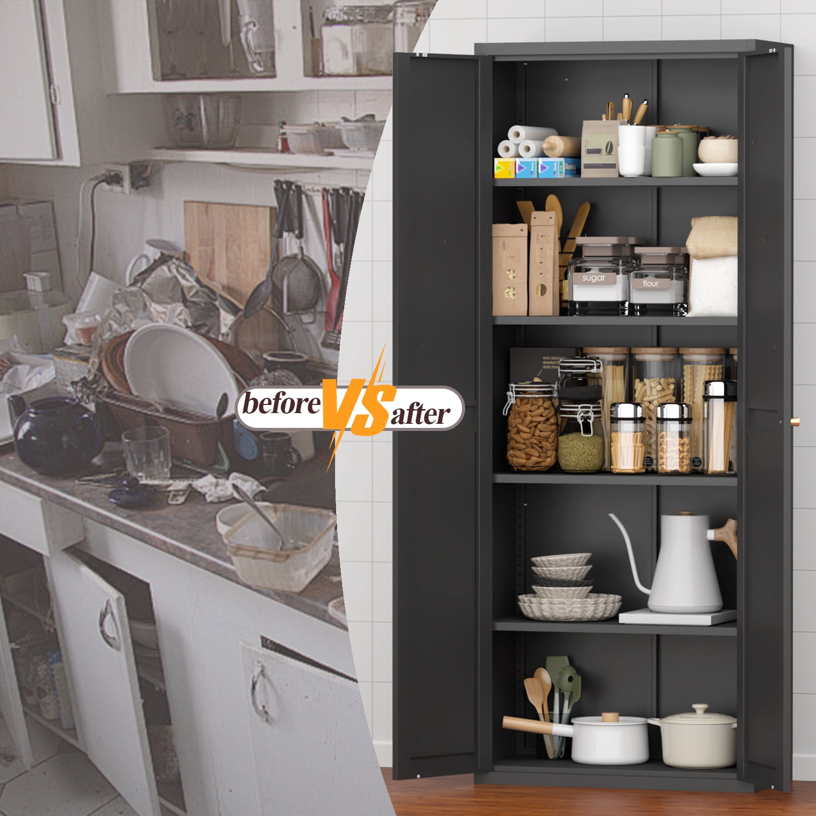 2 Doors Metal Storage Cabinet Kitchen Pantry Cabinet With Adjustable Shelves Tall Steel Cabinet Locker For Kitchen, Living Room, Dining Room and Office