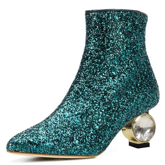 XYD Women Classic Crystal Low Heel Ankle Boots Pointed Closed Toe Side Zipper Short Booties Party Fashion Shoes Size 7 Cyan Glitter