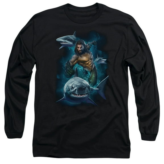 Aquaman Movie Swimming With Sharks Long Sleeve T-Shirt Adult 18/1 Black