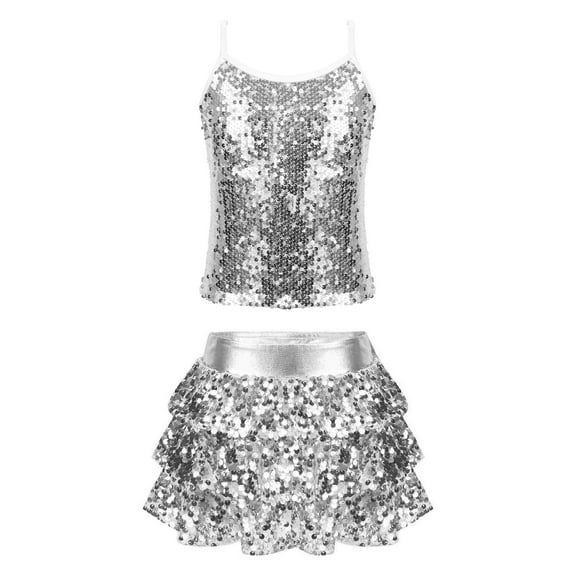 iiniim Kids Girls Jazz Hip Hop Dance Sequin Spaghetti Straps Tops with Tiered Ruffle Skirt Set Dancewear A Silver 6